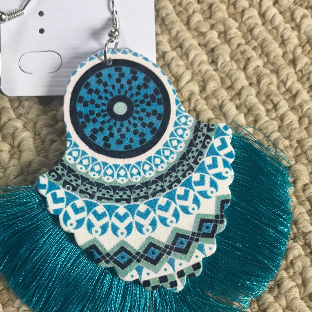 brand new blue/teal wood tassel earrings - Picture 2 of 3
